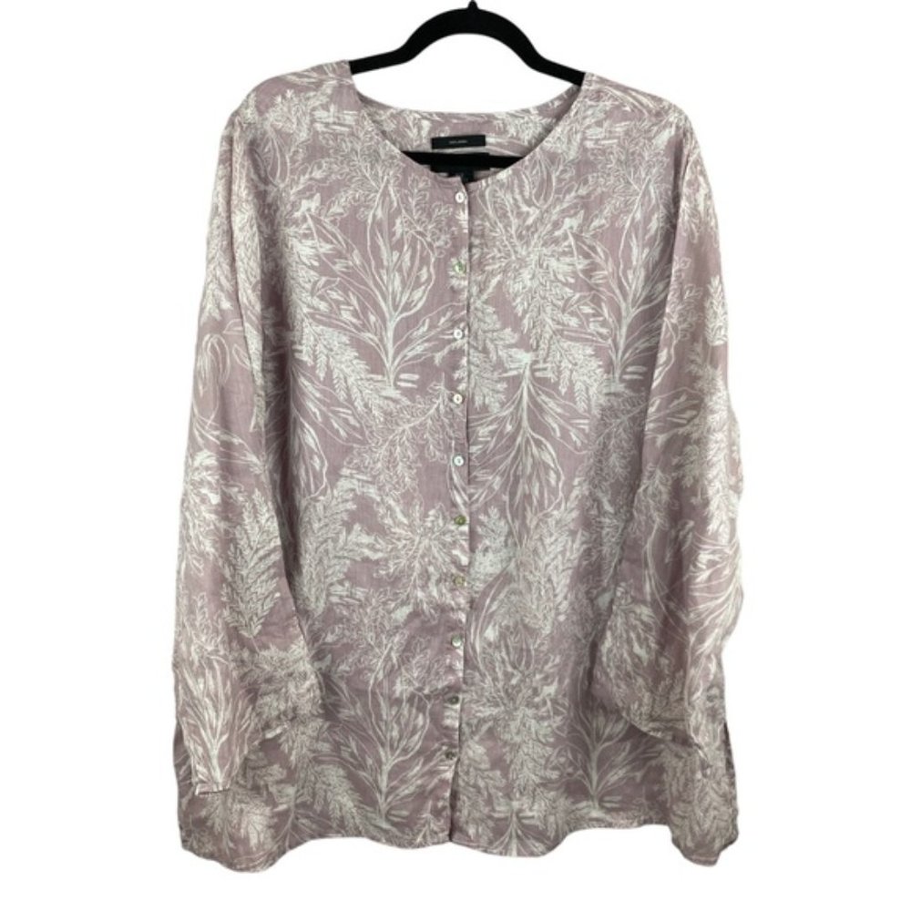Tahari 100% Linen Lilac Lavender White Button Down Tunic Shirt 2X